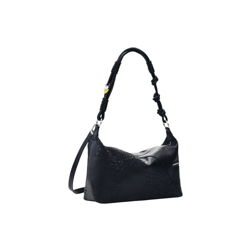 Desigual black leather hobo handbag with braided shoulder strap and subtle embossed floral pattern and pockets