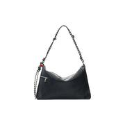 Desigual black leather hobo bag with chain strap and decorative red and green beads featuring shoulder pockets
