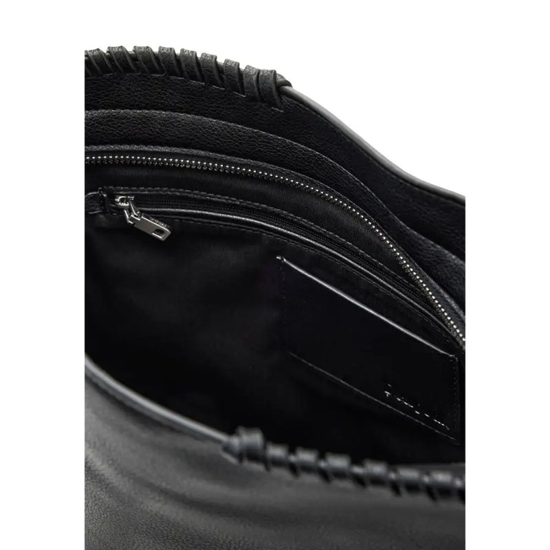Desigual black leather crossbody bag with braided trim shoulder strap and silver zipper zip pockets