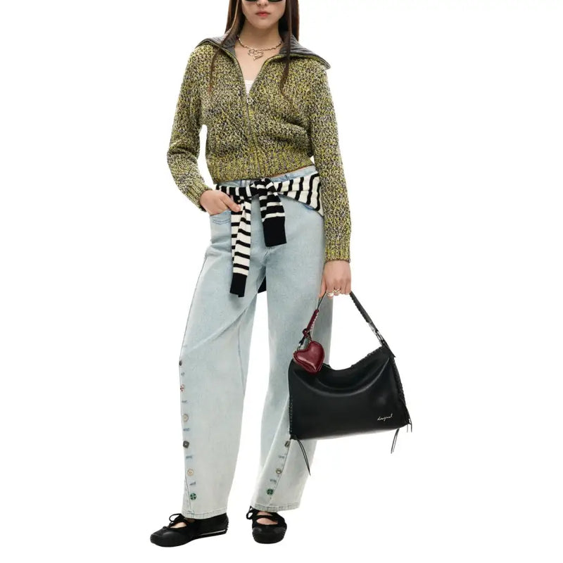 Desigual black leather hobo bag with shoulder strap heart-shaped charm frayed edges and zip pockets