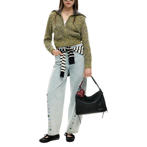 Desigual black leather hobo bag with shoulder strap heart-shaped charm frayed edges and zip pockets