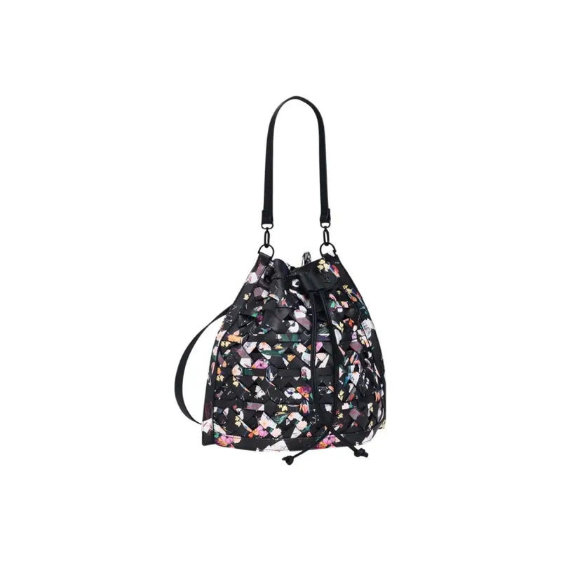 Desigual black multicoloured cotton bucket bag with drawstring closure and vibrant floral pattern with black straps
