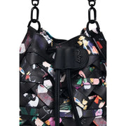 Desigual black leather bucket bag with vibrant multicoloured floral print and braided strap details