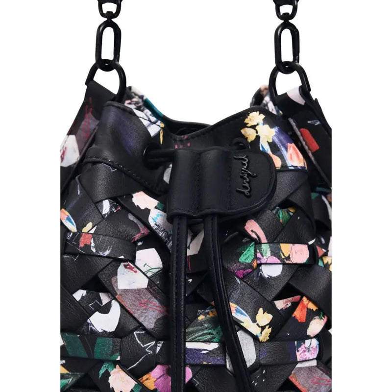 Desigual black leather bucket bag with vibrant multicoloured floral print and braided strap details