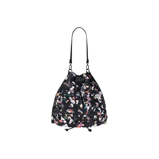 Desigual black multicoloured cotton handbag with laces featuring vibrant fragmented floral pattern on drawstring bag