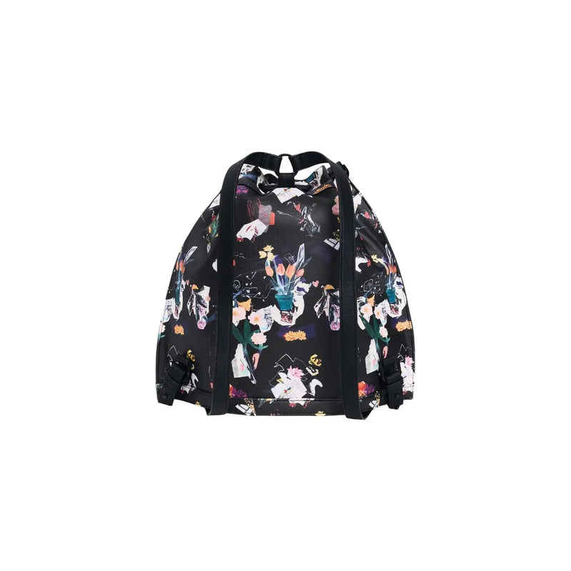 Desigual black multicoloured cotton drawstring backpack with vibrant floral and botanical print and laces