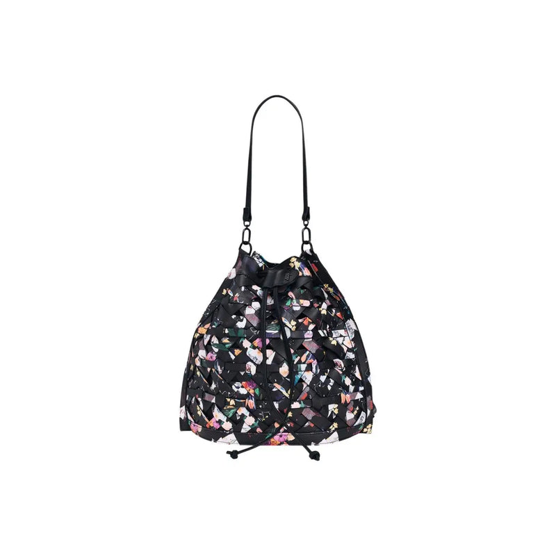 Desigual black multicoloured cotton handbag with laces featuring vibrant fragmented floral pattern on drawstring bag