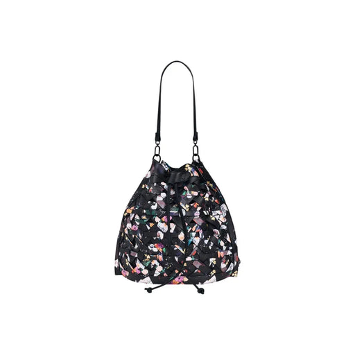 Desigual black multicoloured cotton handbag with laces featuring vibrant fragmented floral pattern on drawstring bag