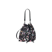 Desigual black multicoloured cotton bucket bag with drawstring closure and vibrant floral pattern with black straps