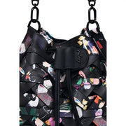 Desigual black leather bucket bag with vibrant multicoloured floral print and braided strap details