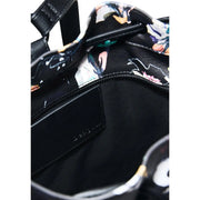 Desigual black leather shoulder bag with vibrant abstract floral print multicoloured cotton handbag with laces and black zipper