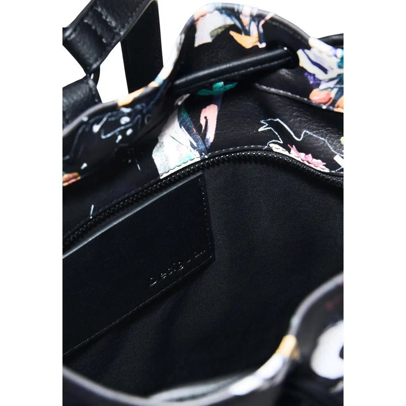 Desigual black leather shoulder bag with vibrant abstract floral print multicoloured cotton handbag with laces and black zipper