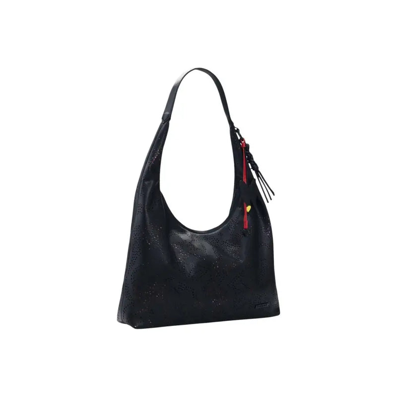 Desigual black polyester handbag with perforated leather hobo design and red zipper pull with inside pocket