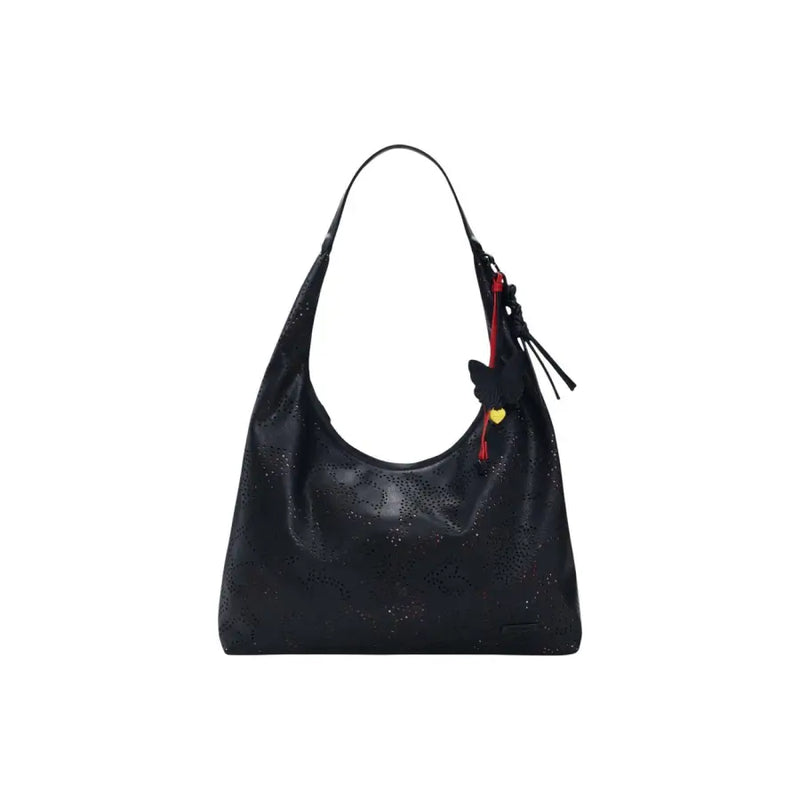 Desigual black polyester handbag with zip, inside pocket, perforated leather hobo design, and butterfly charm