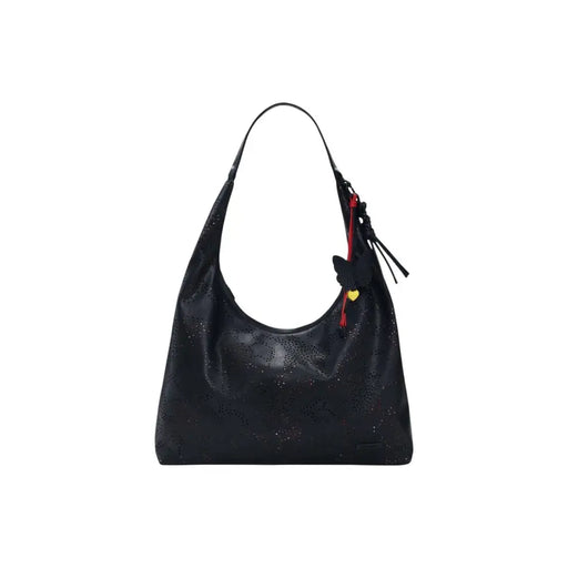 Desigual black polyester handbag with zip, inside pocket, perforated leather hobo design, and butterfly charm