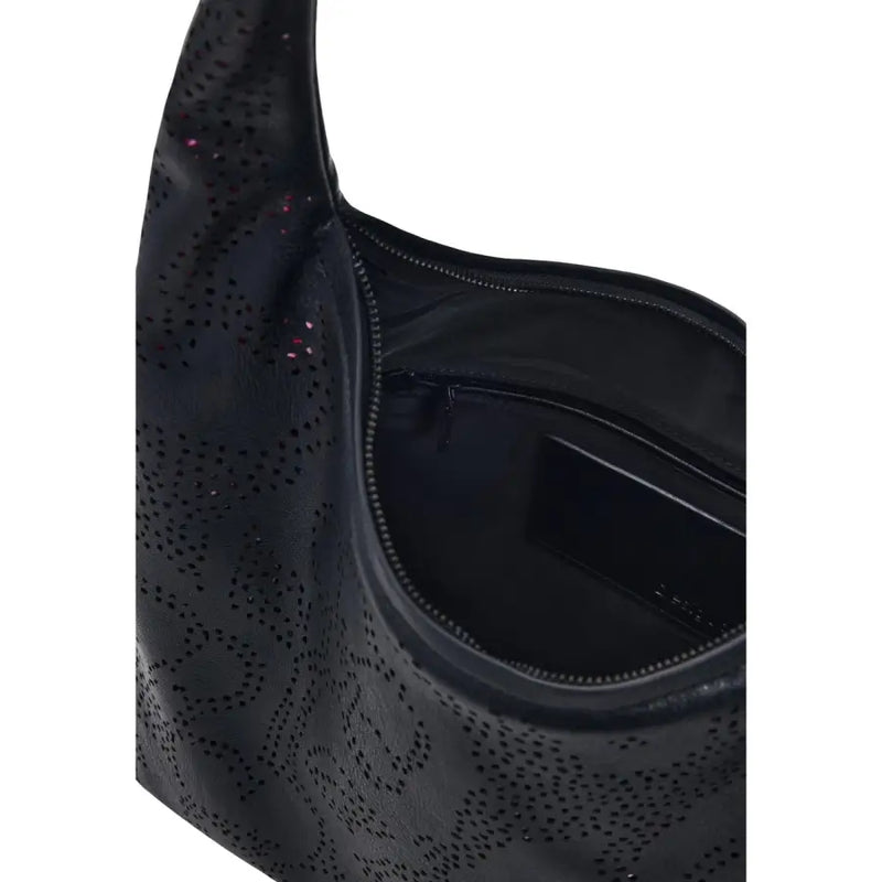 Desigual black polyester handbag with zip and inside pocket featuring perforated leather and subtle glitter accents