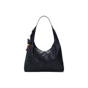 Desigual black leather hobo bag with perforated detailing and decorative charm on strap featuring zip and inside pocket
