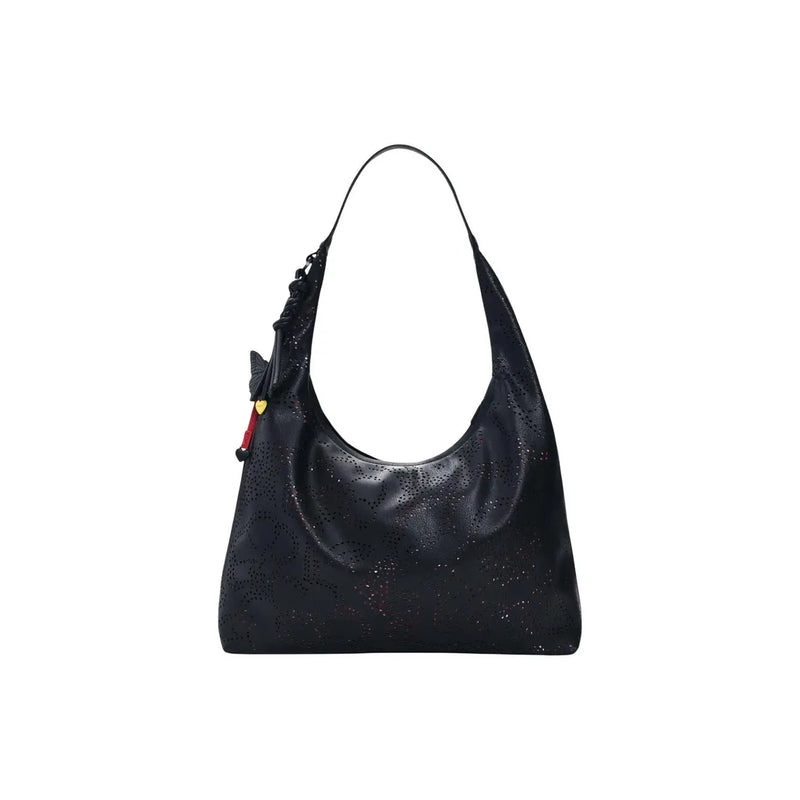 Desigual black leather hobo bag with perforated detailing and decorative charm on strap featuring zip and inside pocket