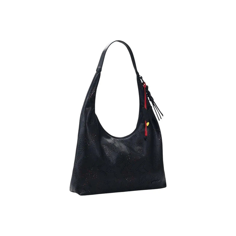 Desigual black polyester handbag with perforated leather hobo design and red zipper pull with inside pocket