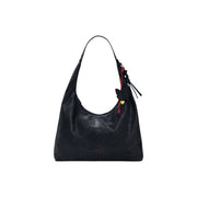 Desigual black polyester handbag with zip, inside pocket, perforated leather hobo design, and butterfly charm