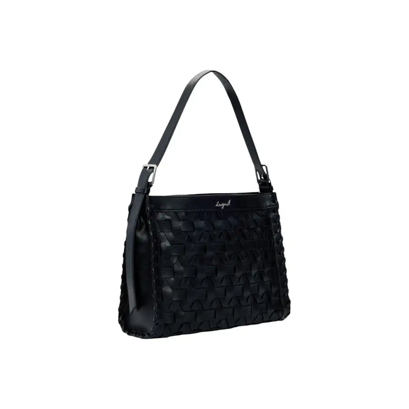 Desigual black polyester handbag with woven leather shoulder strap silver toned hardware and zip pocket detail