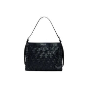 Desigual black woven leather shoulder bag with sleek textured pattern and minimalist design featuring a zip pocket