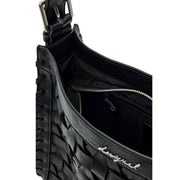Desigual black leather hobo bag with woven texture and silver-toned hardware featuring a zip pocket
