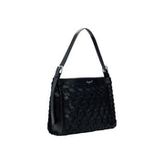 Desigual black polyester handbag with woven leather shoulder strap silver toned hardware and zip pocket detail