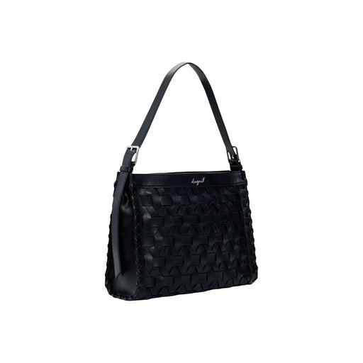 Desigual black polyester handbag with woven leather shoulder strap silver toned hardware and zip pocket detail