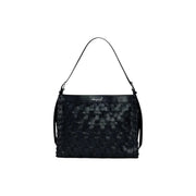 Desigual black woven leather shoulder bag with sleek textured pattern and minimalist design featuring a zip pocket