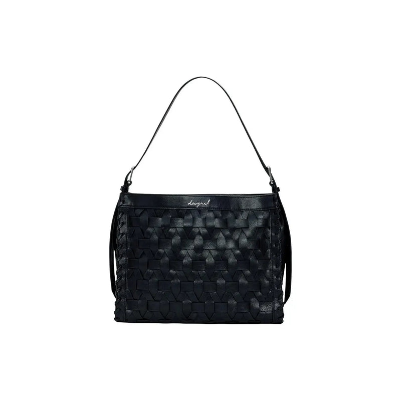 Desigual black woven leather shoulder bag with sleek textured pattern and minimalist design featuring a zip pocket