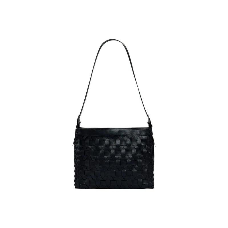 Desigual black polyester handbag with a black woven leather shoulder bag featuring a sleek textured pattern and slender strap