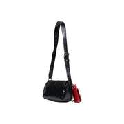 Desigual black glossy leather crossbody bag with studded strap and red tassel accent featuring an inside pocket