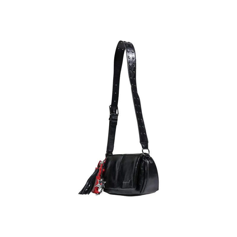 Desigual black glossy patent leather crossbody bag with studded strap and red star tassel charm featuring an inside pocket