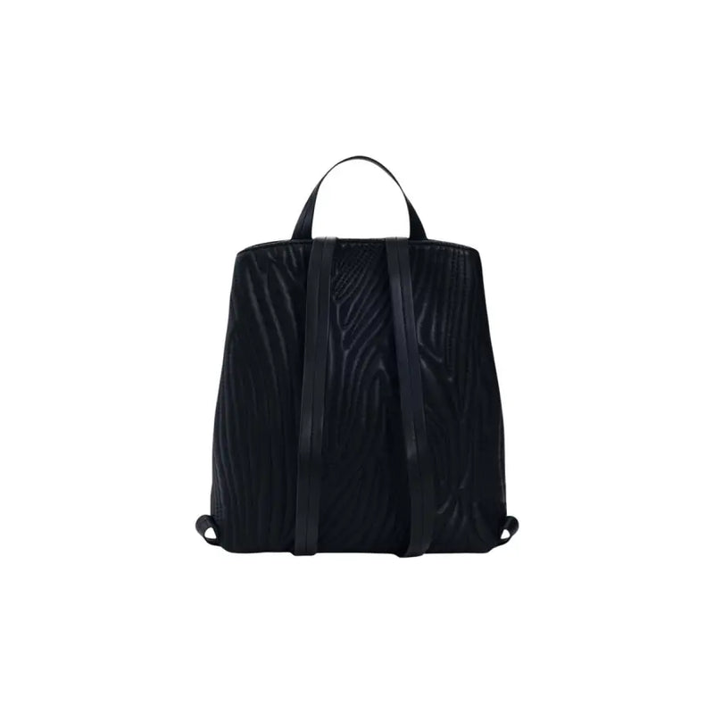 Desigual black polyurethane backpack with wood-grain texture, smooth leather straps, zip closure, and inside pocket