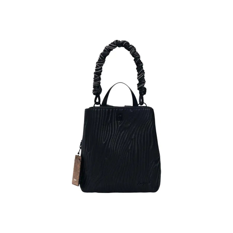 Desigual black textured polyurethane handbag with twisted elastic handle zip and small leather tag for daily use