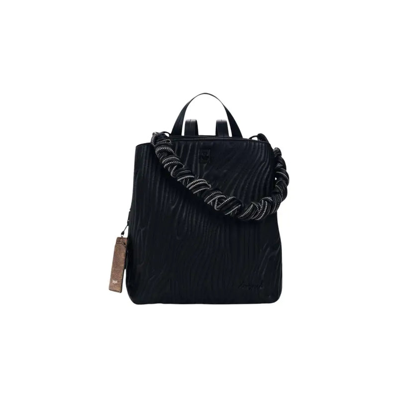 Desigual schwarzer, strukturierter Rucksack mit geflochtenem Tragegurt top Griffe, Reißverschluss und Innentasche