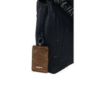 Brown crocodile-textured card holder with desigual branding featured inside a desigual black polyurethane zip bag with pocket