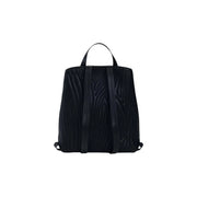 Desigual black polyurethane backpack with wood-grain texture, smooth leather straps, zip closure, and inside pocket