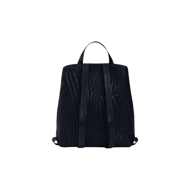 Desigual black polyurethane backpack with wood-grain texture, smooth leather straps, zip closure, and inside pocket