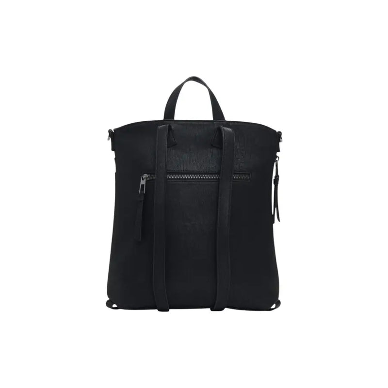 Black textured leather backpack with top handle and front zipper pocket for Desigual handbag