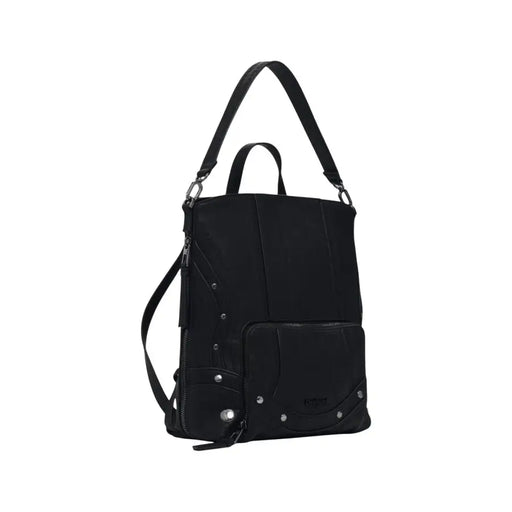 Black leather Desigual backpack with top handle, detachable strap, front pocket, silver studs