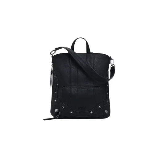 Black leather convertible tote bag with removable strap and stud details for Desigual handbag