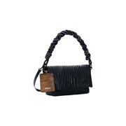 Desigual black quilted polyurethane handbag with braided rope handle and brown crocodile-textured leather tag