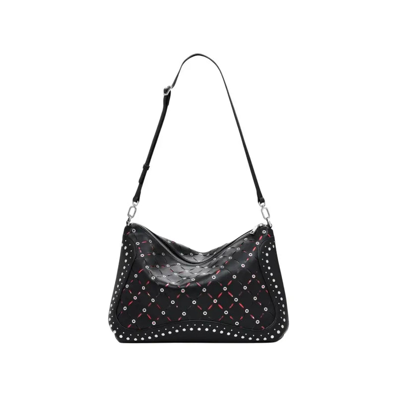 Black leather shoulder bag with silver studs and pink stitching from Desigual collection