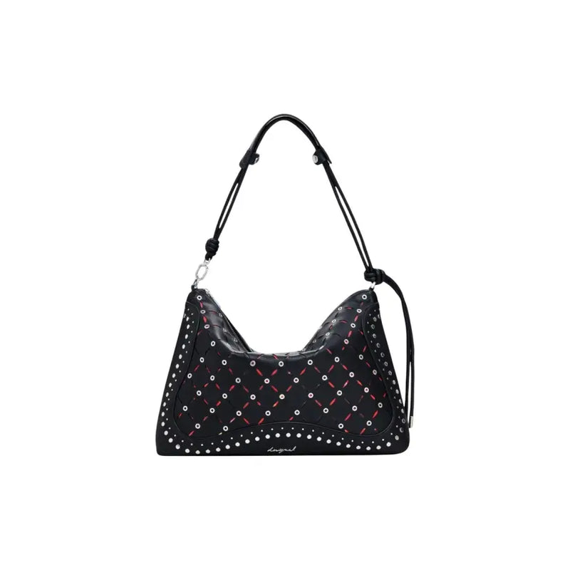 Black studded shoulder bag with pink and white crisscross pattern from Desigual