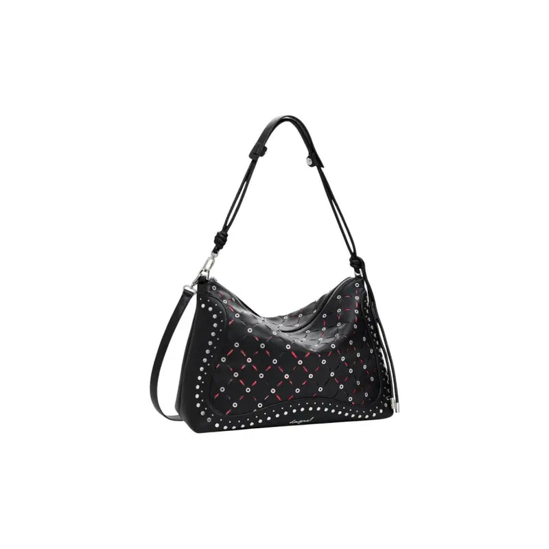Black leather shoulder bag with silver studs and pink stitching for Desigual handbag product