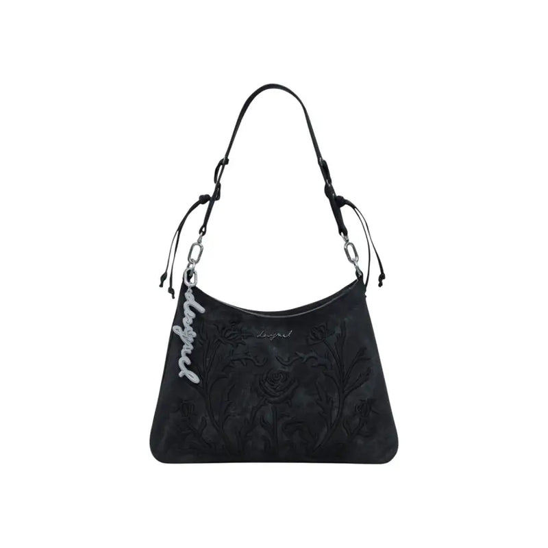 Black shoulder bag with floral embroidery from Desigual for women, Fall Winter collection