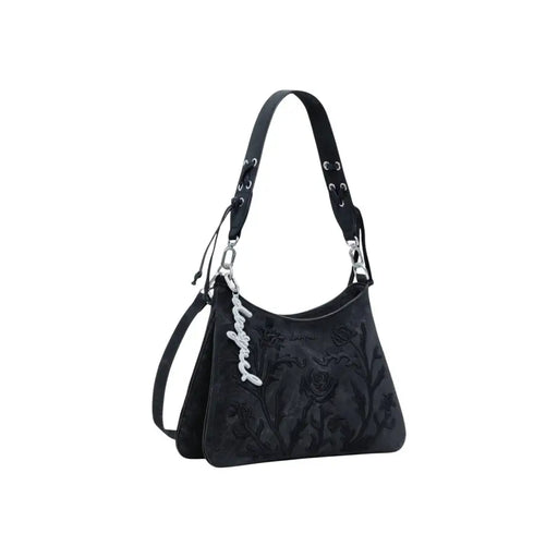 Black shoulder bag with embossed floral patterns and silver hardware from Desigual Fall Winter collection