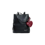 Desigual black polyurethane rucksack bucket bag with braided straps and red heart-shaped charm with zip closure